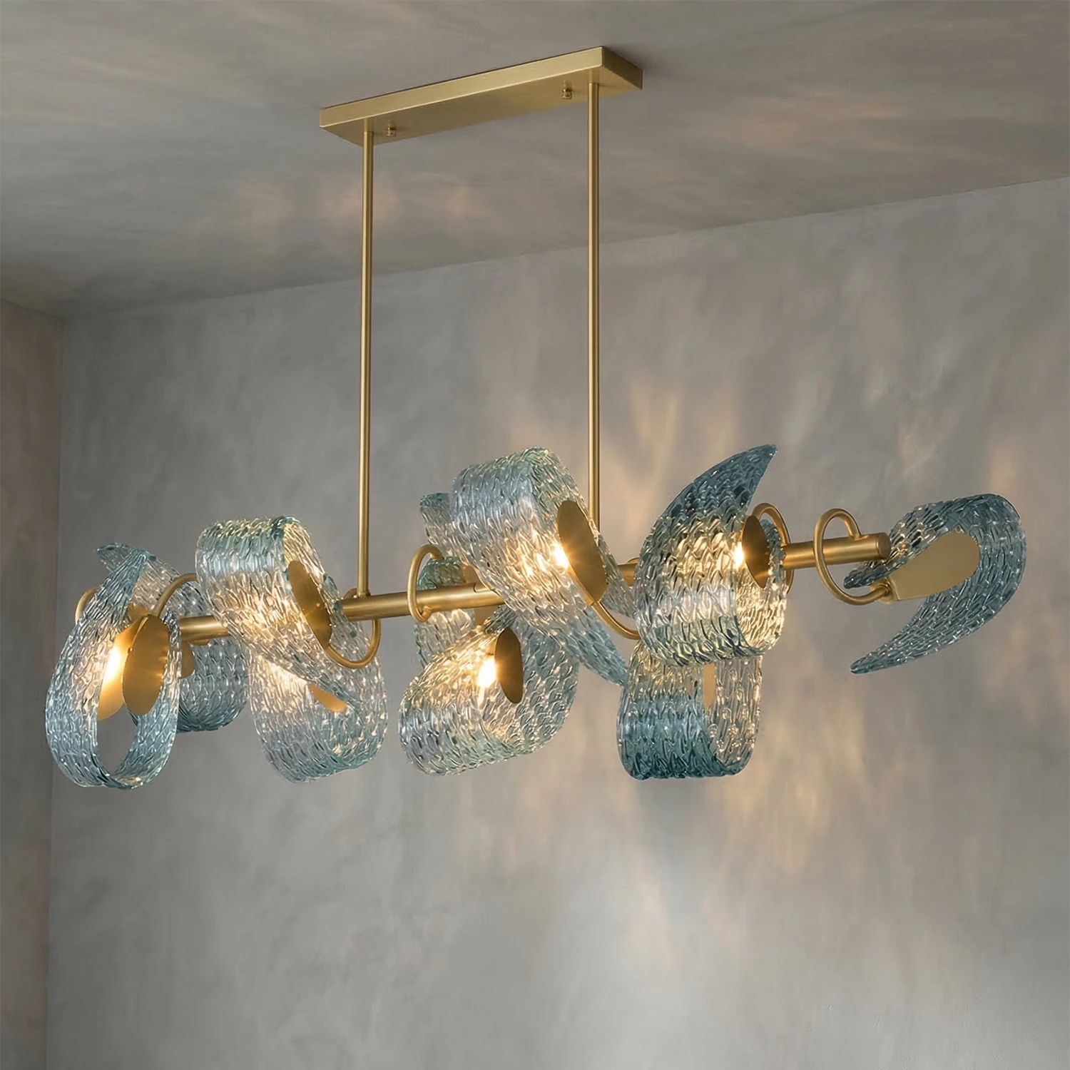 Peacock Blue Petal Art Glass Chandelier - Angular View Linear Island Dynamic Shadow | HoaiLamp
