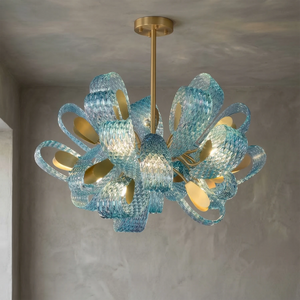 Peacock Blue Petal Art Glass Chandelier - Medium Spherical Pendant Warm Light Effect | HoaiLamp