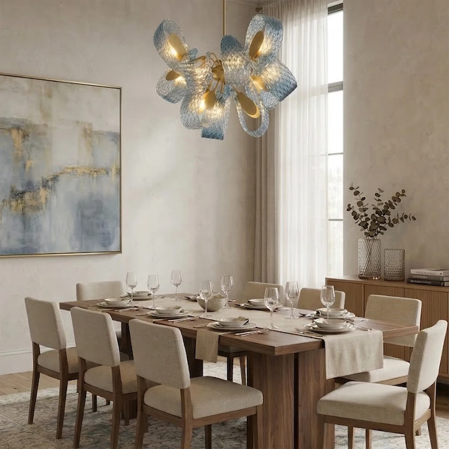 Peacock Blue Petal Art Glass Chandelier - Elegant Dining Table Hanging Fixture | HoaiLamp
