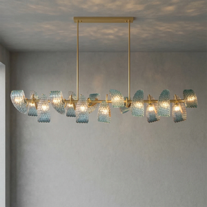 Peacock Blue Petal Art Glass Chandelier - Front View Rectangular Dining Room Illumination | HoaiLamp