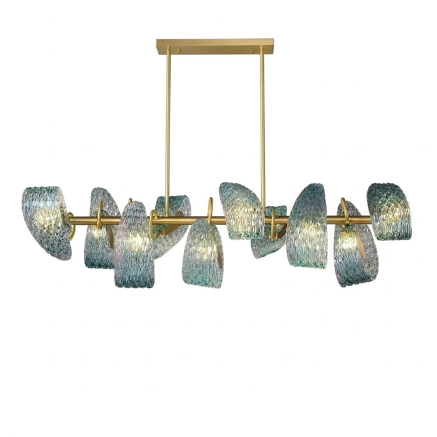 Peacock Blue Petal Art Glass Chandelier - Front View Rectangular Dinner Light | HoaiLamp