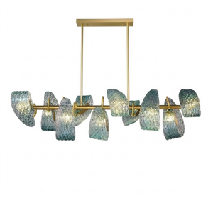 Peacock Blue Petal Art Glass Chandelier - Front View Rectangular Dinner Light | HoaiLamp