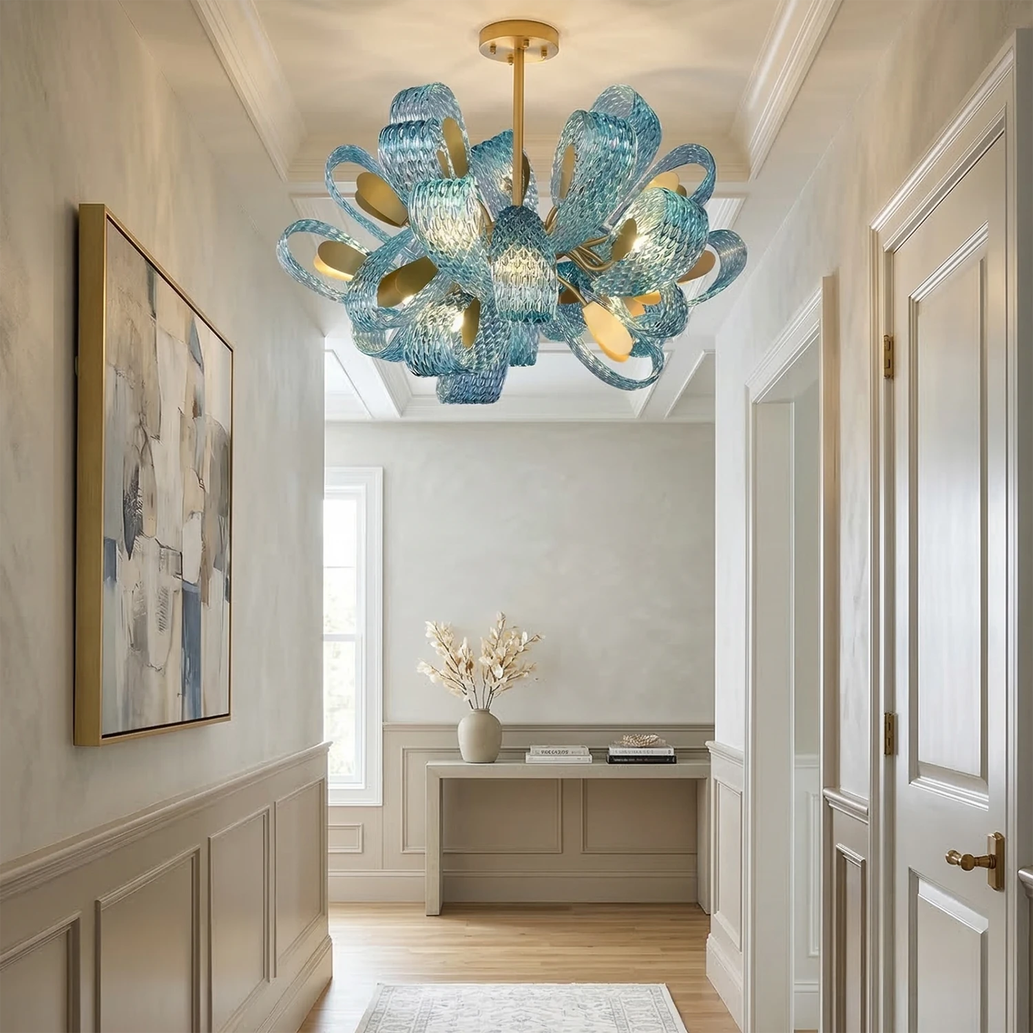 Peacock Blue Petal Art Glass Chandelier - Semi Flush Mount Hallway Foyer Light | HoaiLamp
