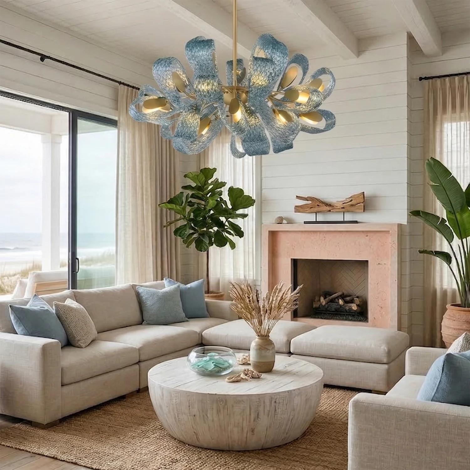 Peacock Blue Petal Art Glass Chandelier - Cozy Mid-Century Living Room Hanging Light | HoaiLamp