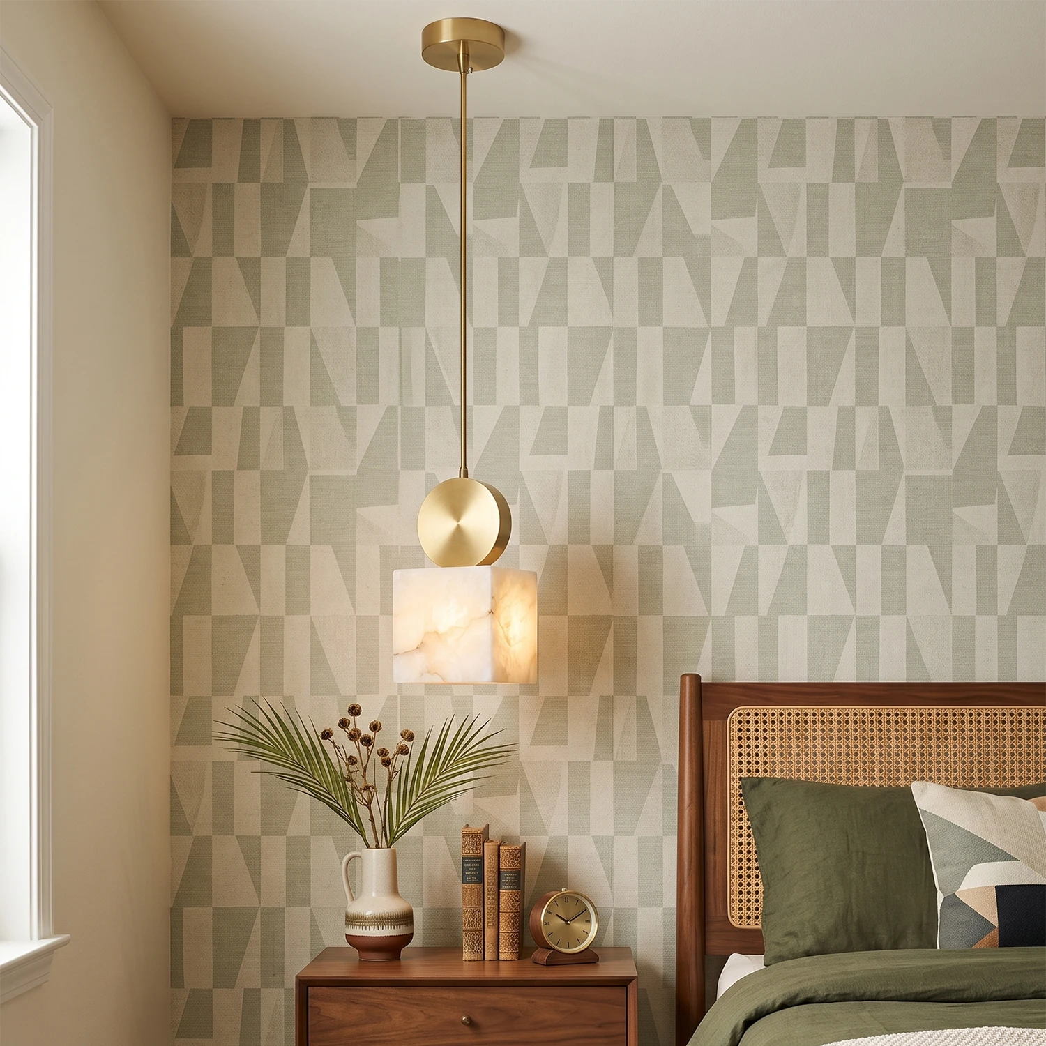 Perrin alabaster mini pendant hanging beside a bedside table against patterned wallpaper