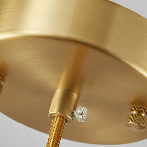 Close-up of the brushed brass ceiling canopy and braided cord grip