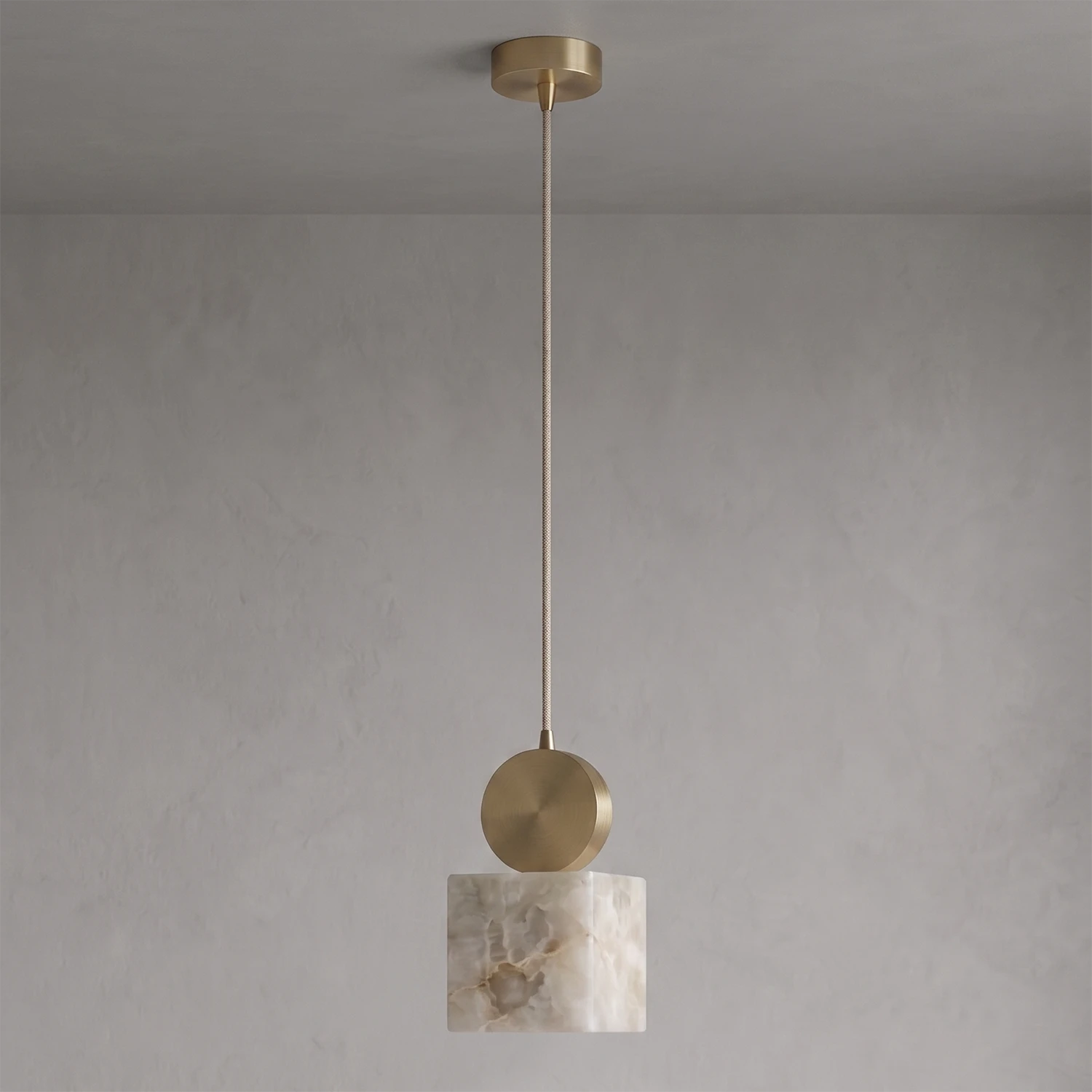 Cube alabaster shade with brushed brass cap, unlit, showing the stone's natural white colour