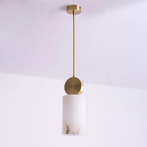 Illuminated cylinder alabaster pendant seen from an angle