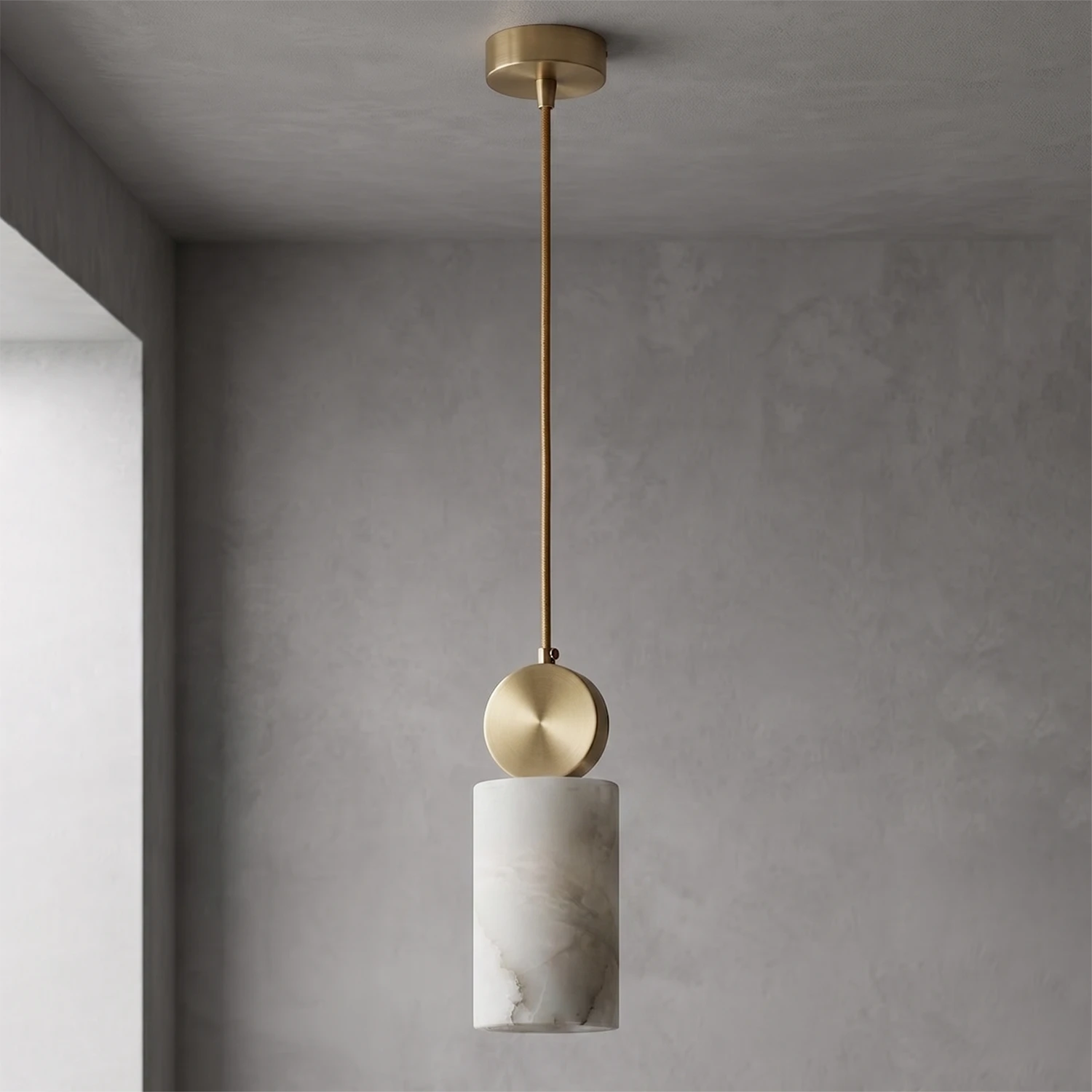 Cylinder alabaster shade unlit, showing its natural white stone colour
