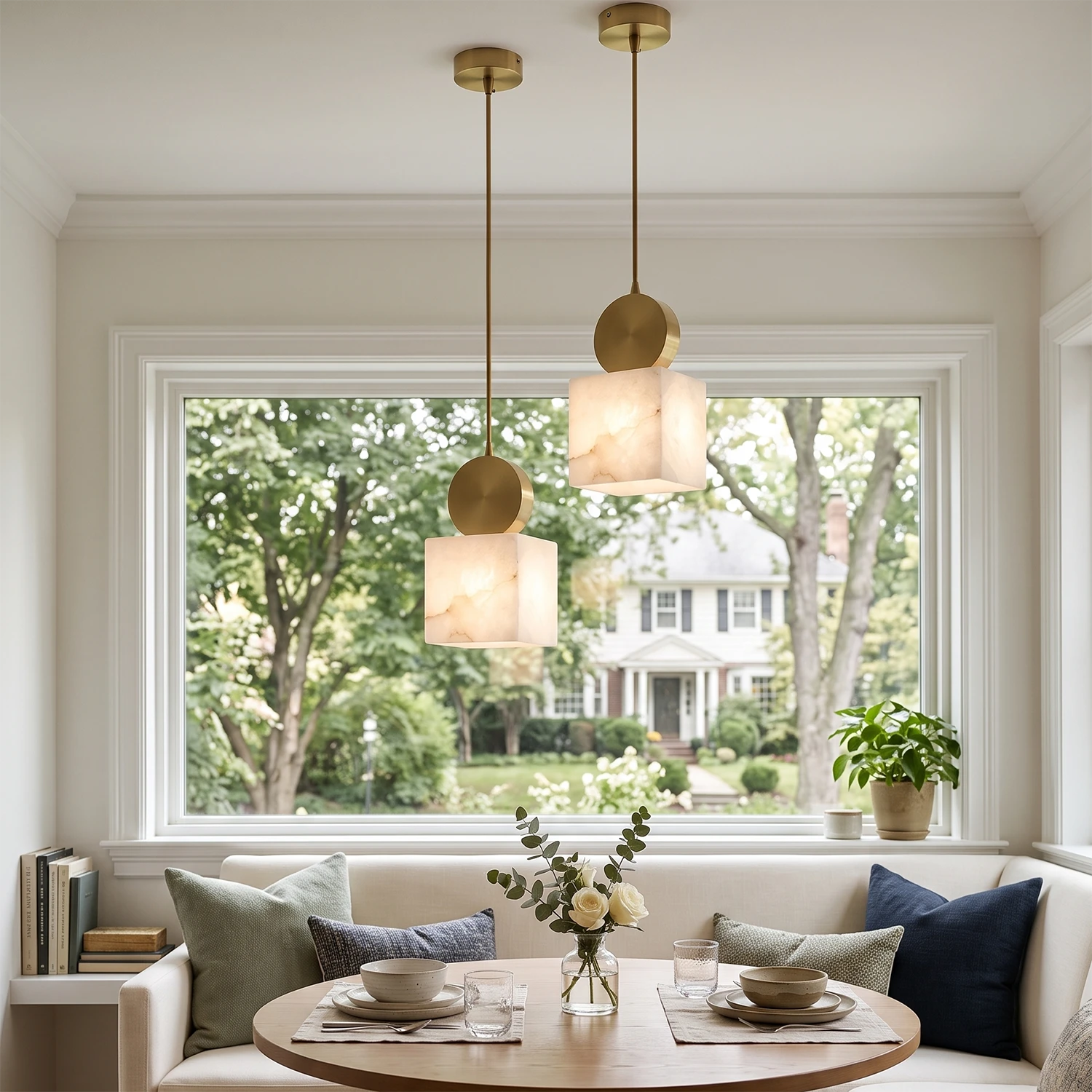 Two brass-capped alabaster pendants over a dining nook beside a window