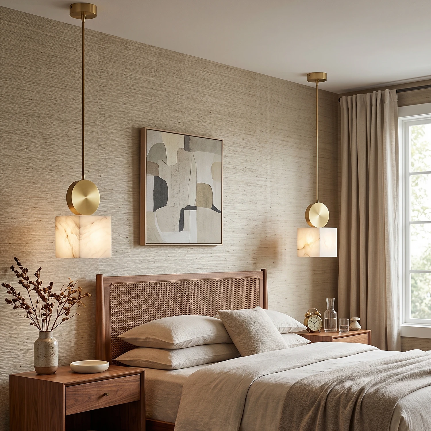 Two alabaster mini pendants hung either side of a bed as bedside lighting