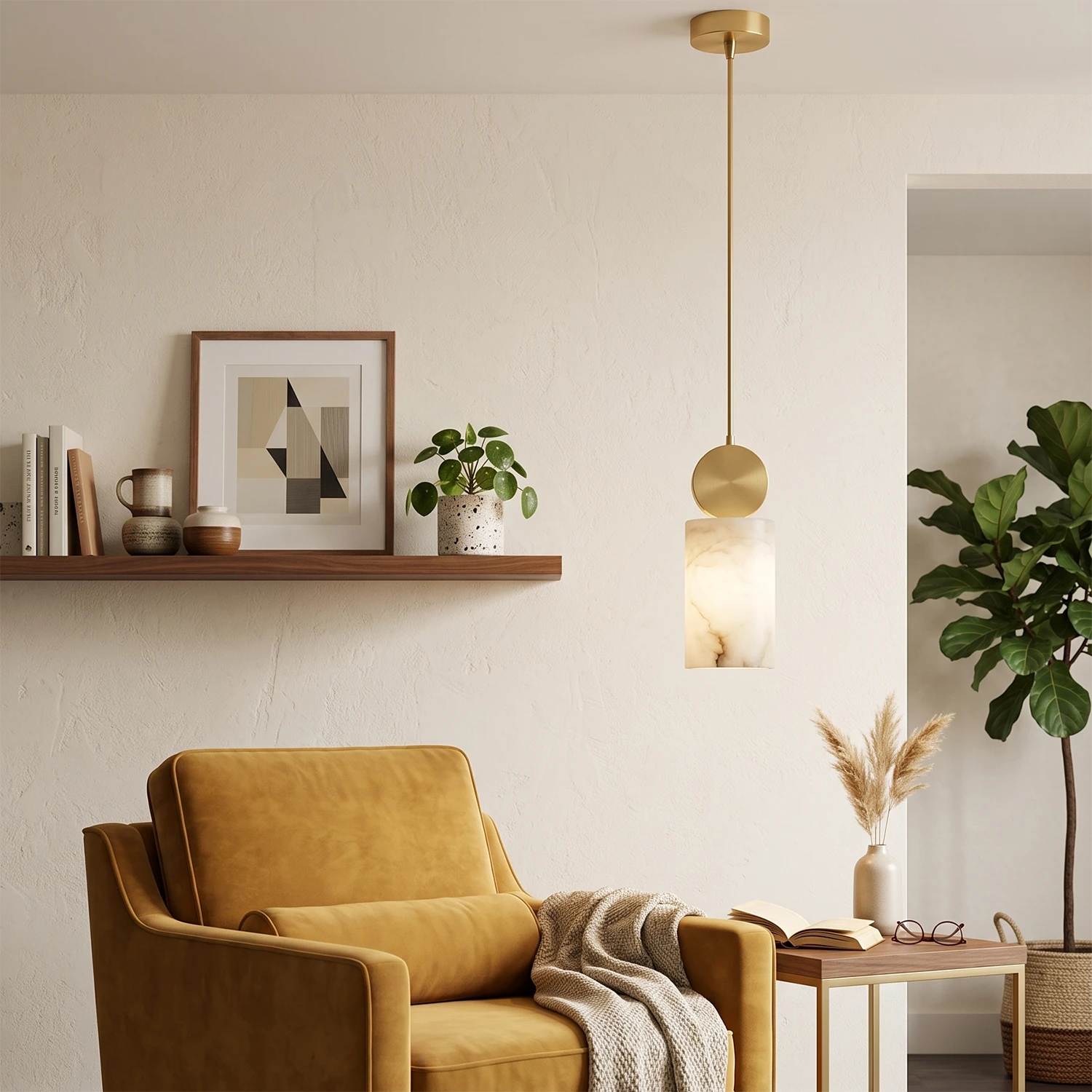 Single cylinder alabaster pendant lighting a living room reading nook