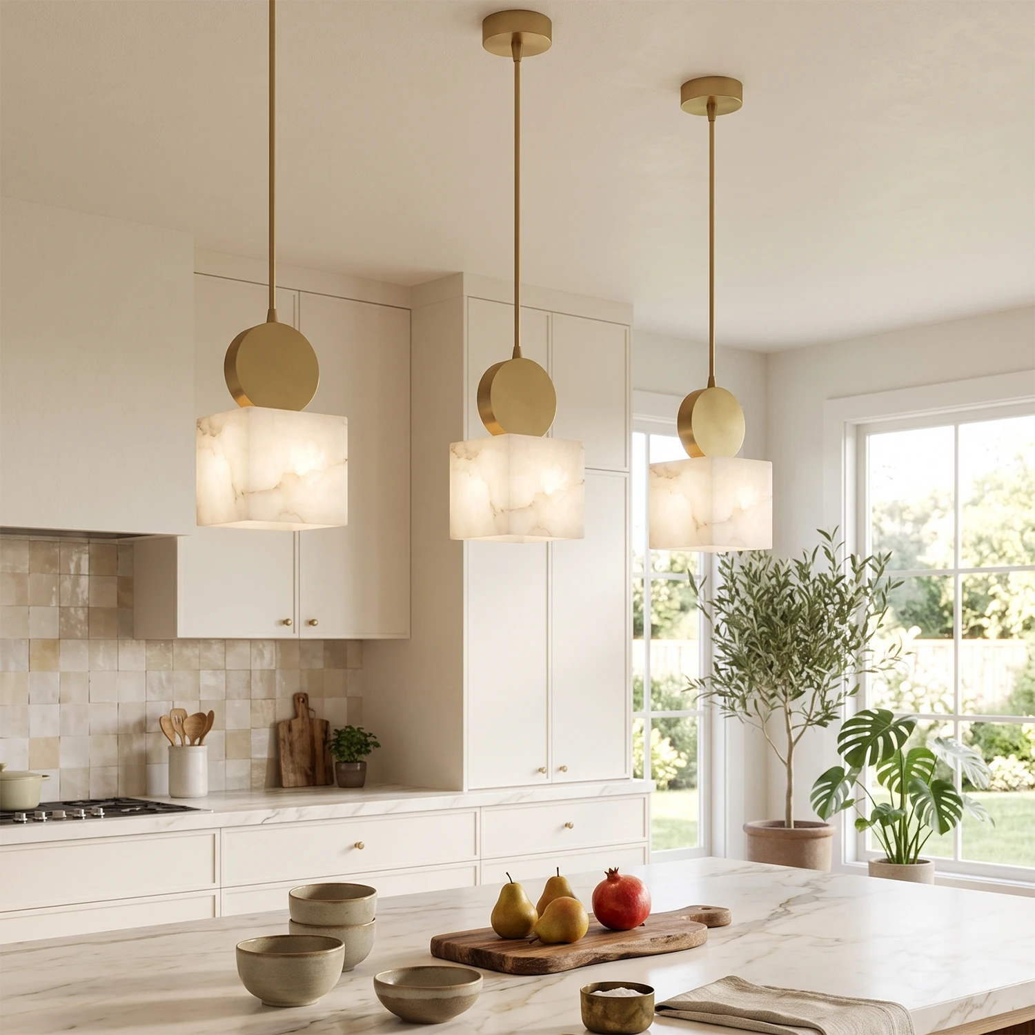 Three alabaster mini pendants in a row above a white kitchen island
