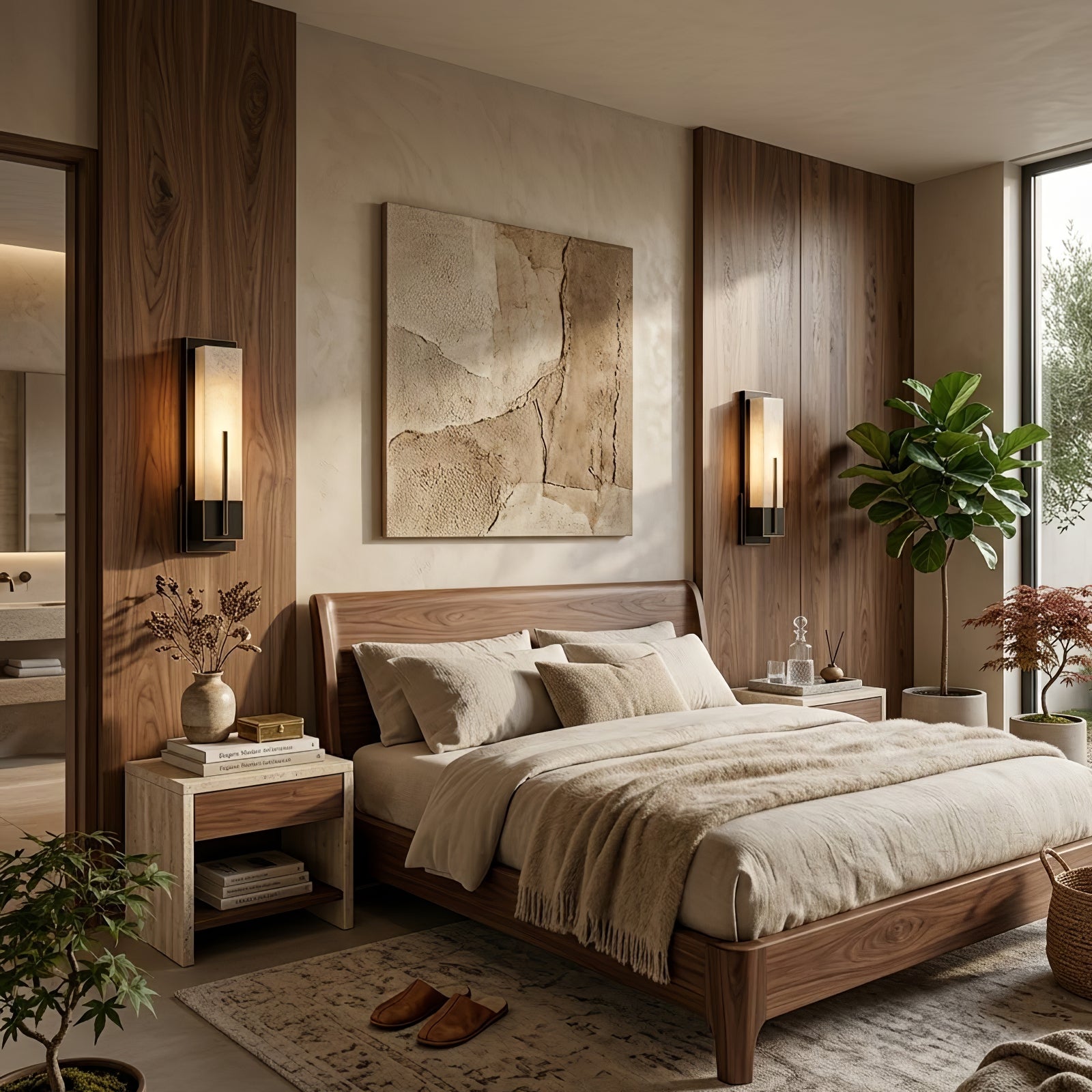 Possini Midtown Alabaster Wall Sconce - Mid-Century Walnut Bedroom Symmetrical Light | HoaiLamp