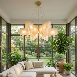 Cascade Alabaster Tiered Brass Chandelier-Garden View Art Piece - Soft Organic Illumination | HoaiLamp