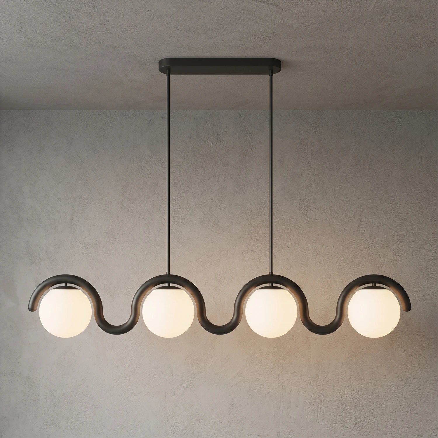 Curved Linear Opal Globe Pendant - Matte Black Quad-Head Balanced Linear | HoaiLamp