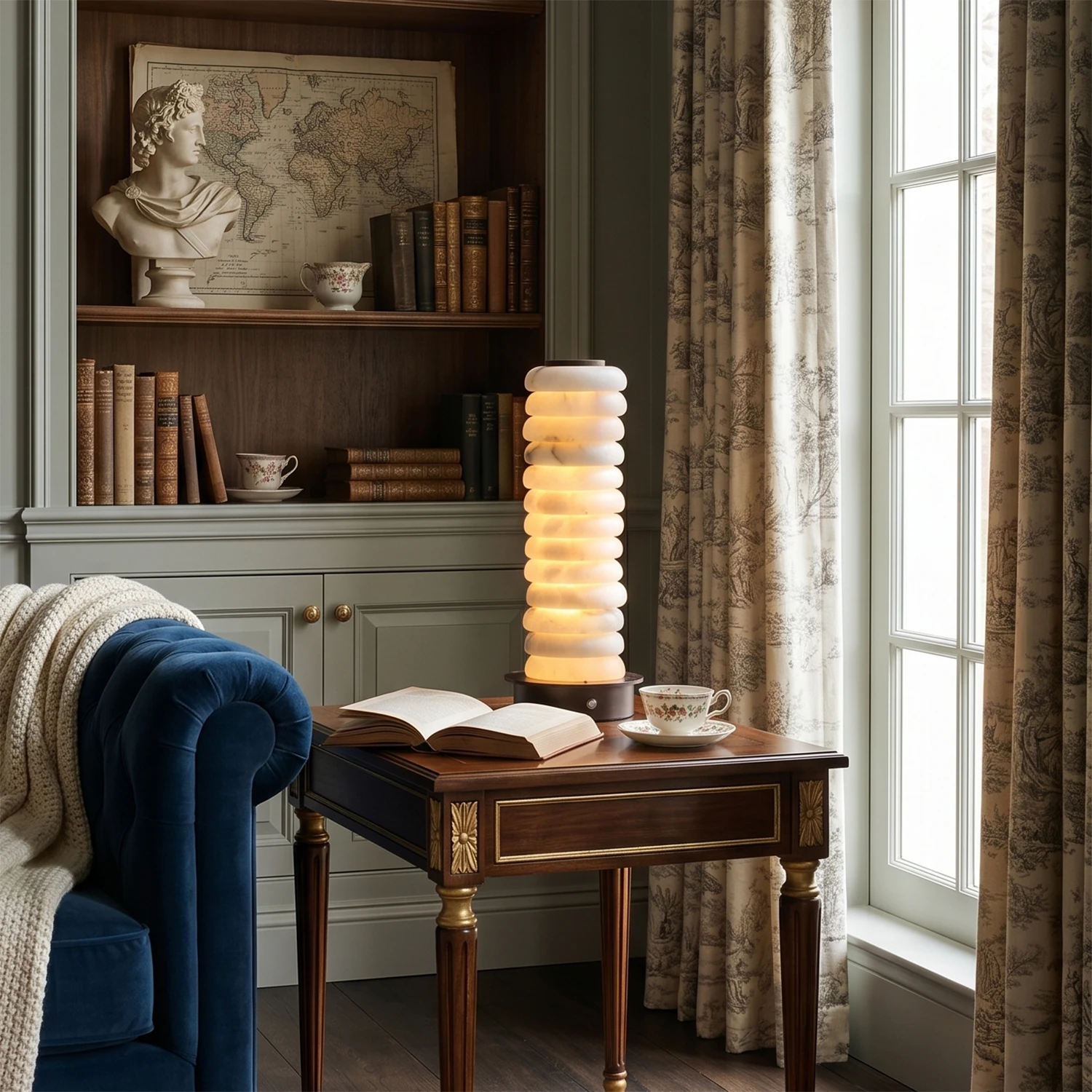 Multi-Tiered Alabaster Table Lamp - Classical Living Room Elegant Accent Table Blue Velvet Sofa | HoaiLamp