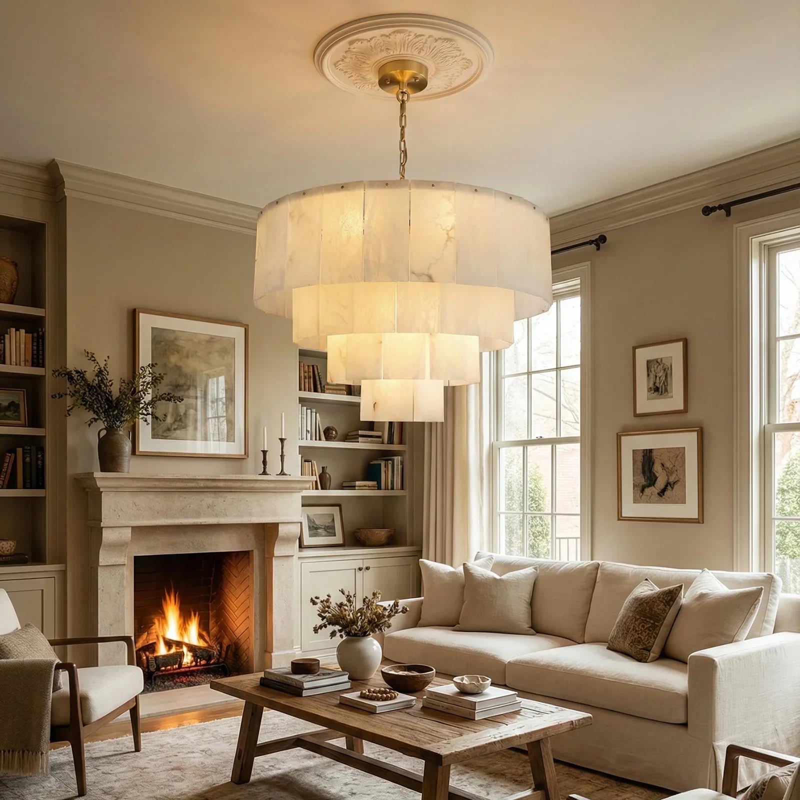 Rectangular Alabaster Multi Layered Round Chandelier