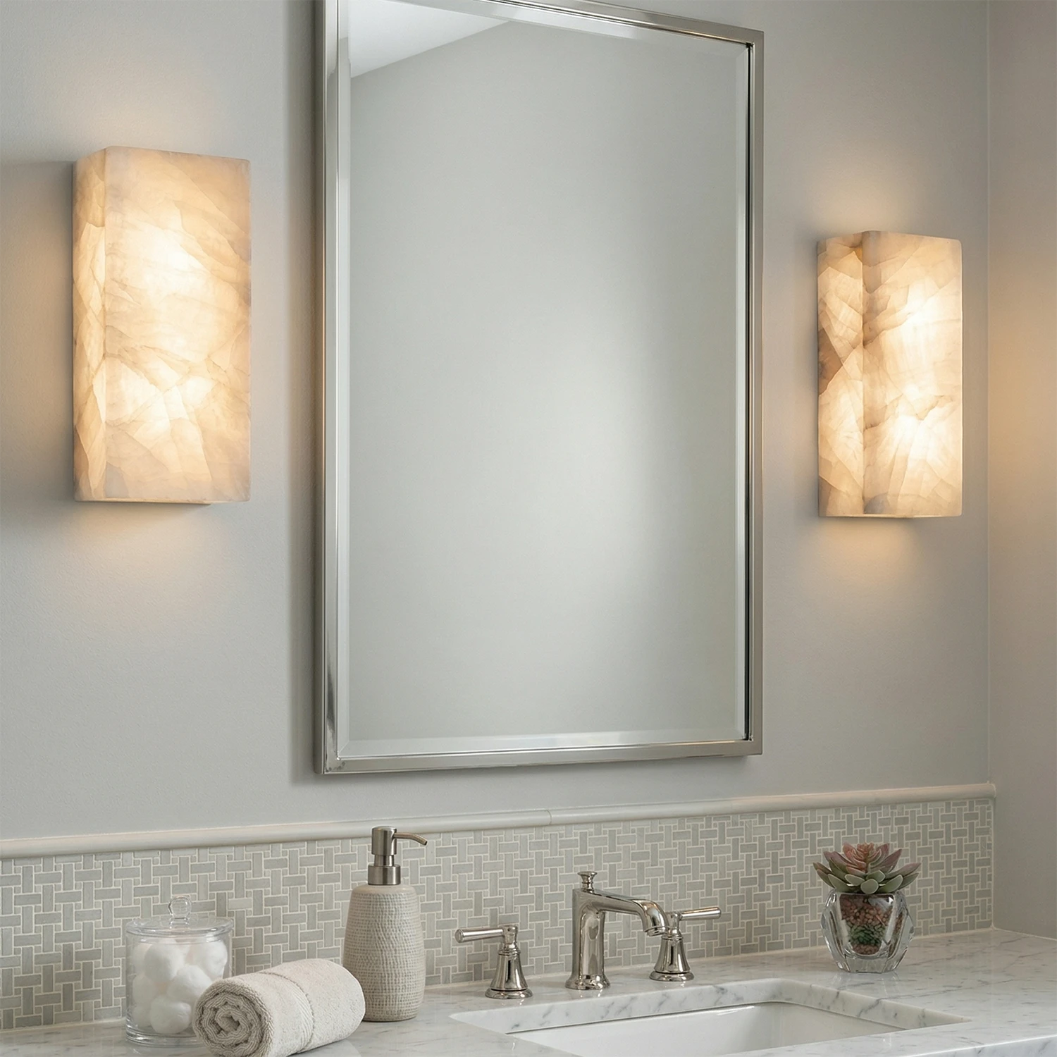 Rectangular Alabaster Wall Light - Luxury Bathroom Vanity Symmetrical Pair | HoaiLamp