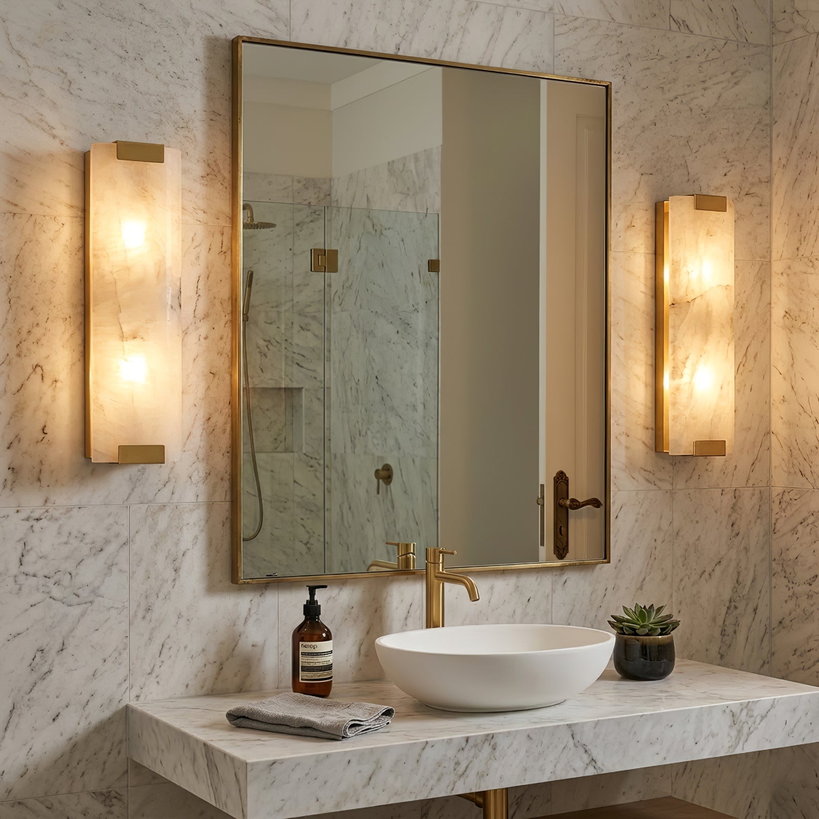 Rectangular Natural Alabaster Wall Sconce - Modern Bathroom Vanity Mirror Pair | HoaiLamp