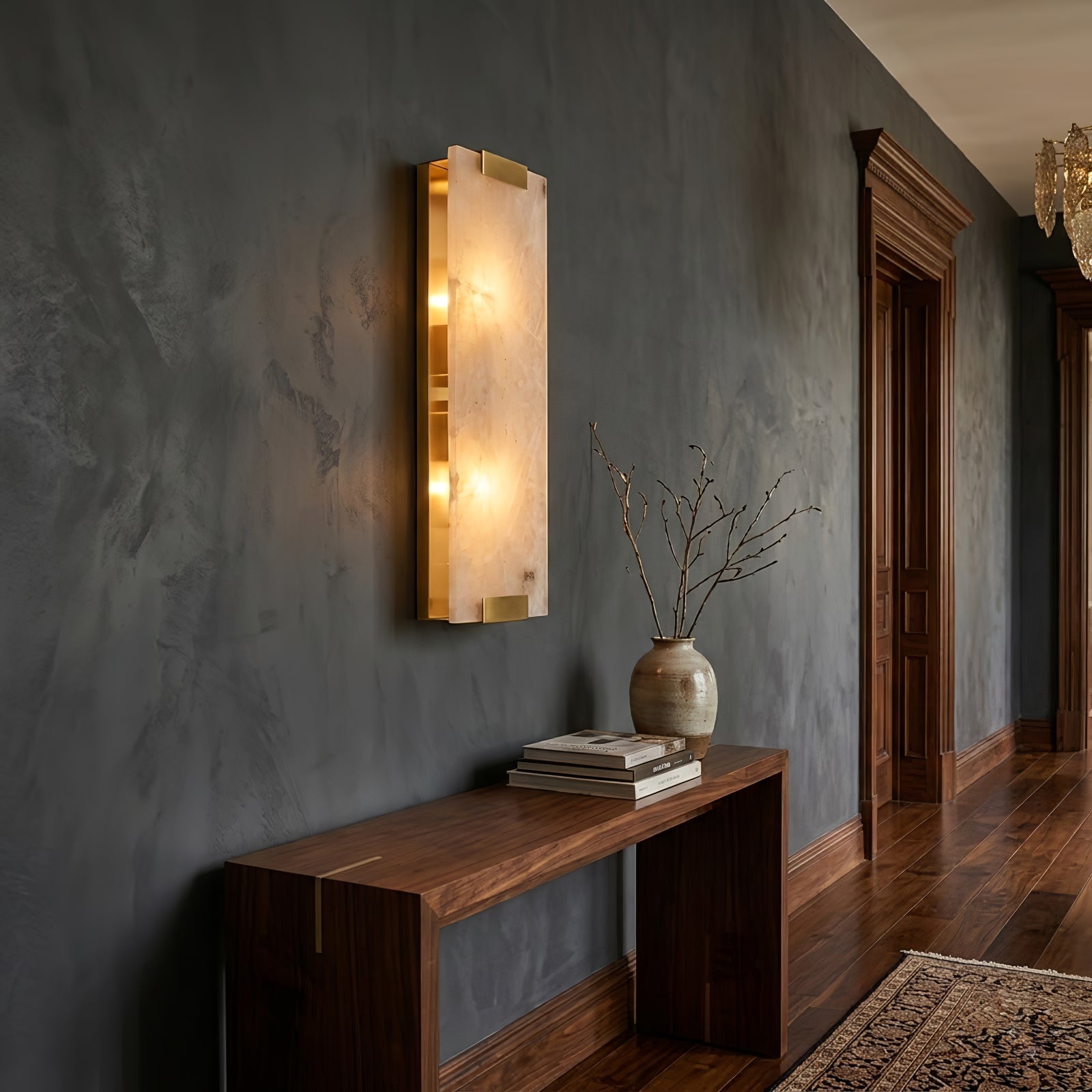 Rectangular Natural Alabaster Wall Sconce - Natural Wood Grain Interior Accent | HoaiLamp