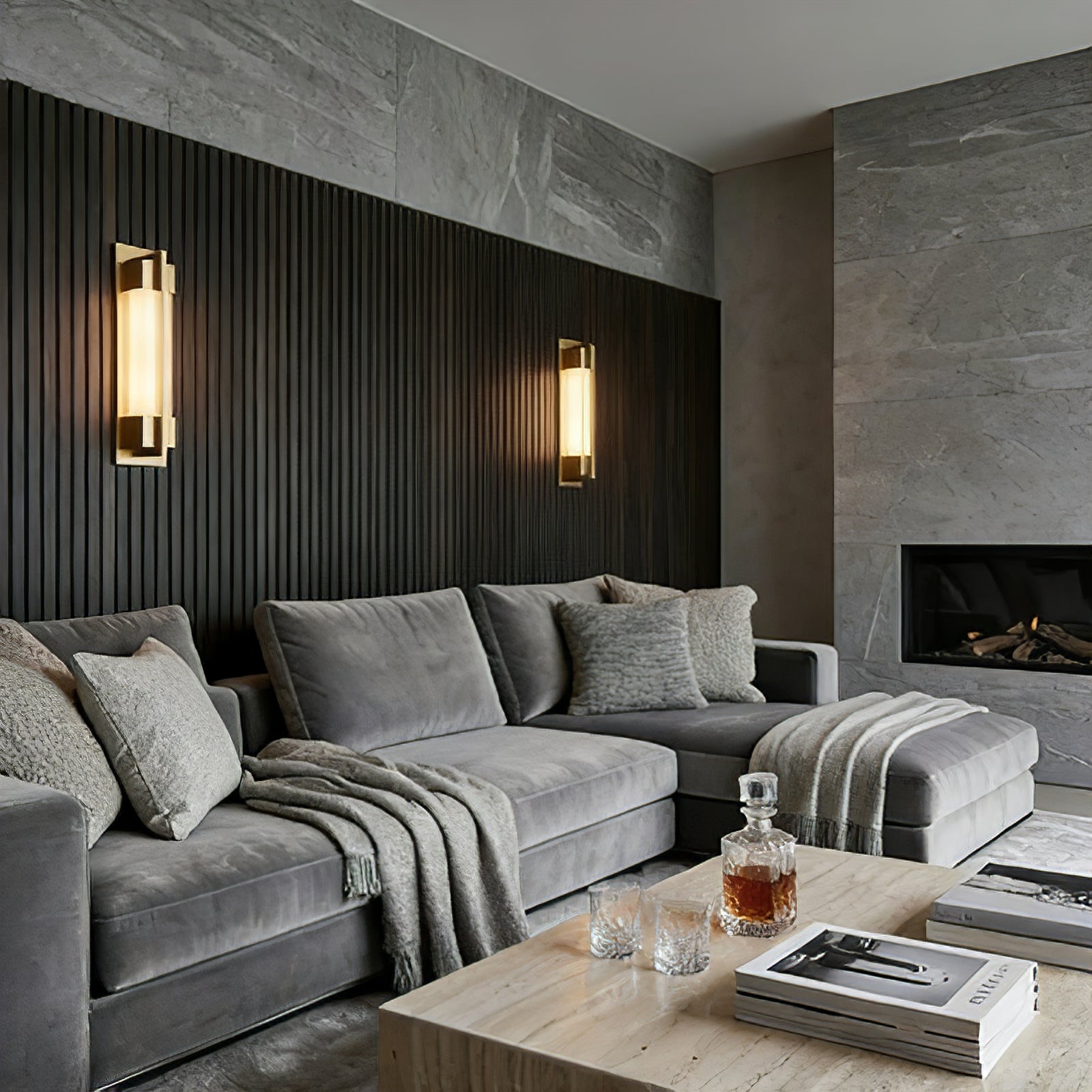 Rectangular Brass Resin LED Wall Lamp - Living Room Dark Wood Slatted Backdrop Pair | HoaiLamp