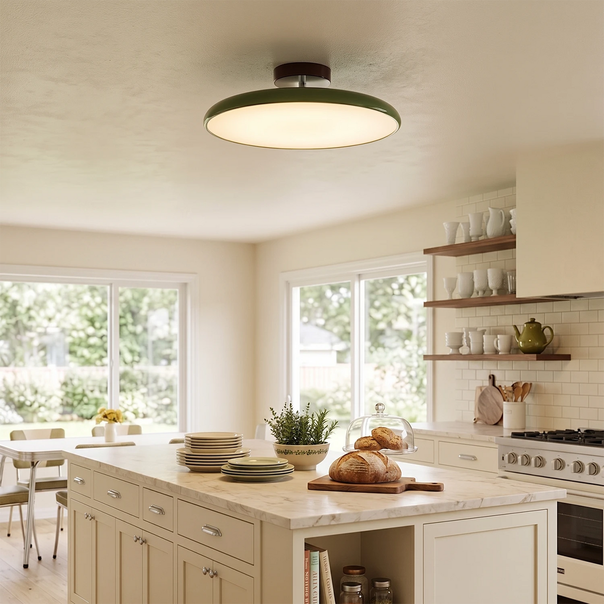 Green French Retro Cream Saucer Ceiling Lamp over a cozy kitchen island