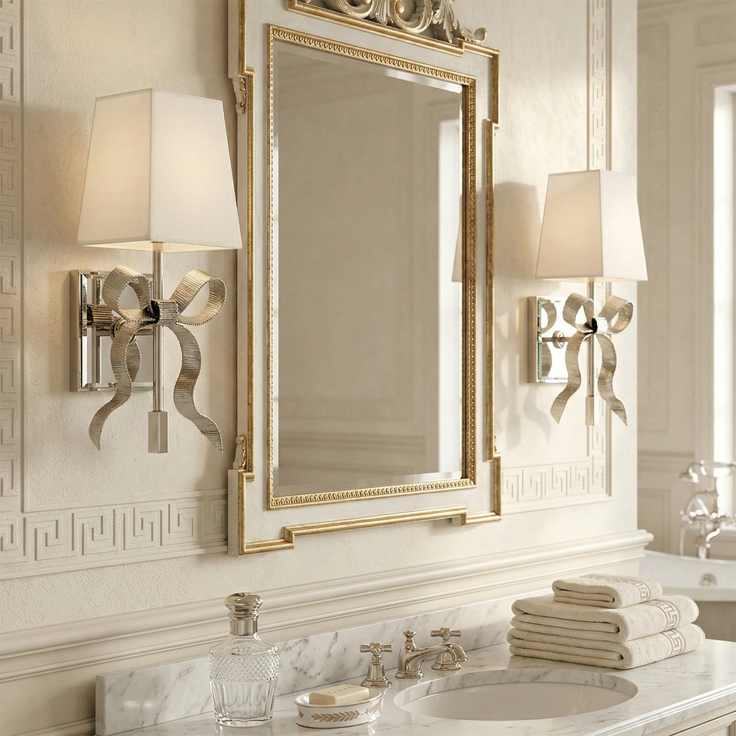 Ribbed Ribbon Bow Wall Lamp - Classic Bathroom Vanity Ornate White Frame Mirror White Shade | HoaiLamp
