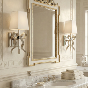 Ribbed Ribbon Bow Wall Lamp - Classic Bathroom Vanity Ornate White Frame Mirror White Shade | HoaiLamp