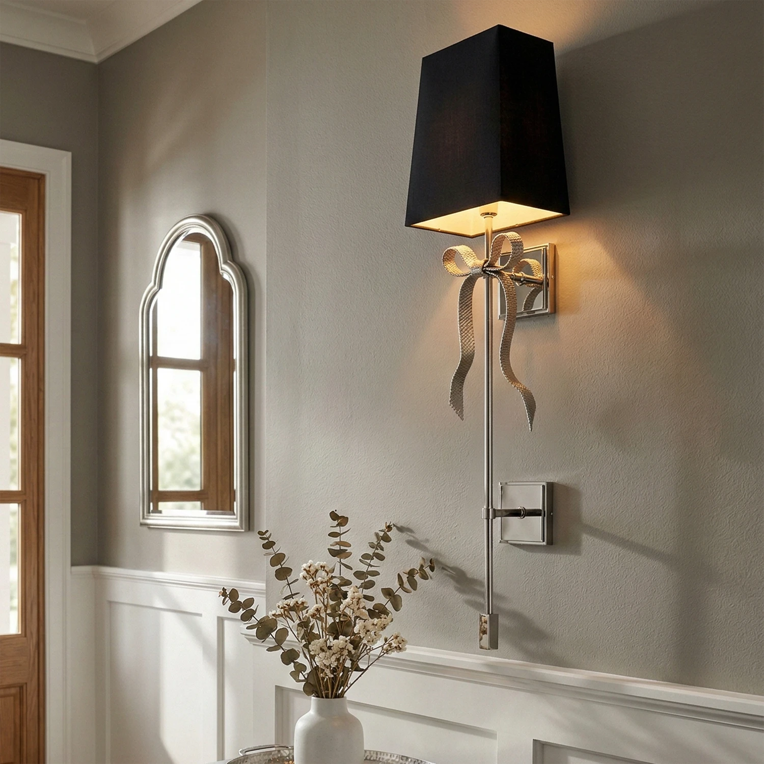 Ribbed Ribbon Bow Wall Lamp - Contemporary Foyer Hallway Entrance Black Fabric Shade | HoaiLamp