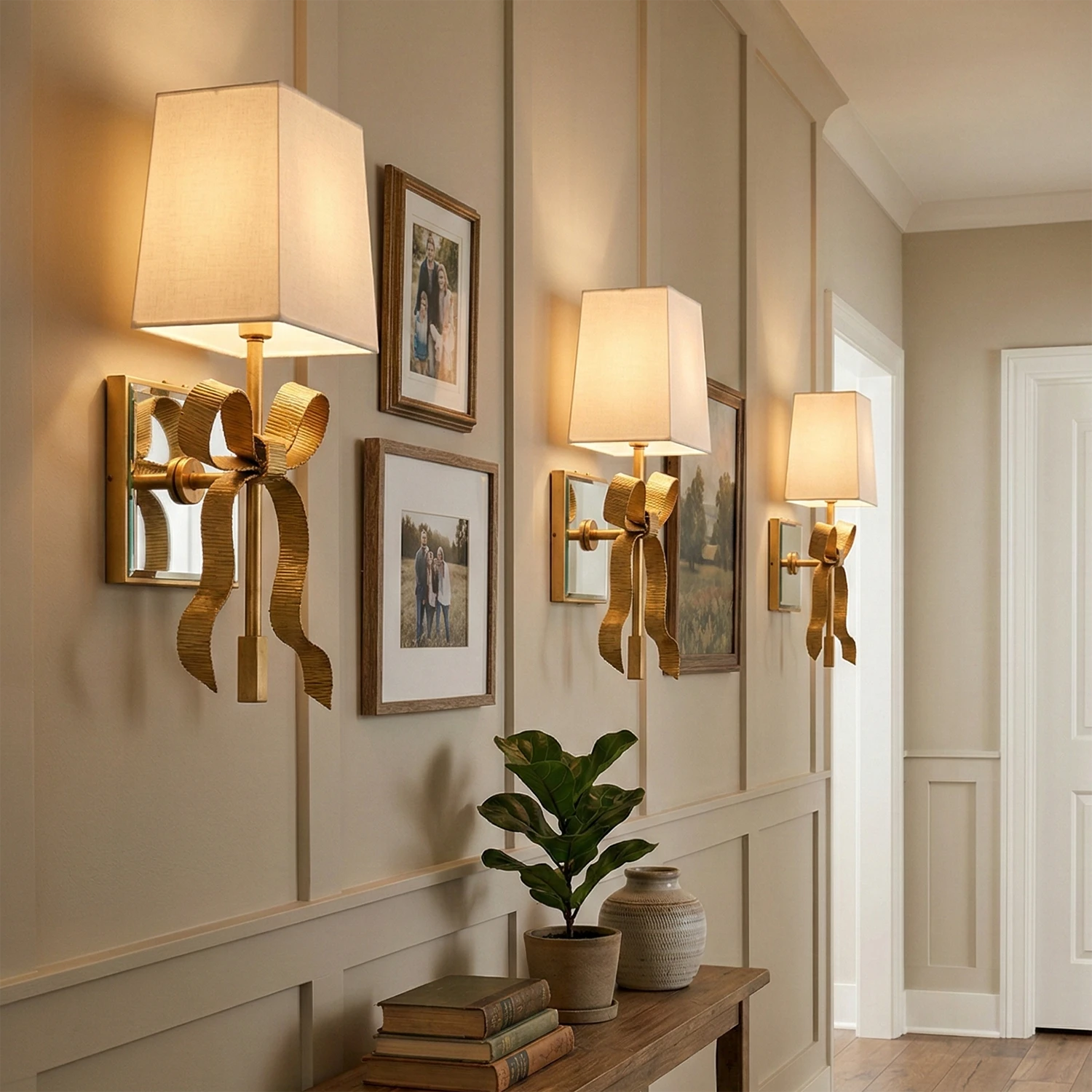 Ribbed Ribbon Bow Wall Lamp - Elegant Corridor Wainscoting Picture Frames Symmetrical White Shade | HoaiLamp
