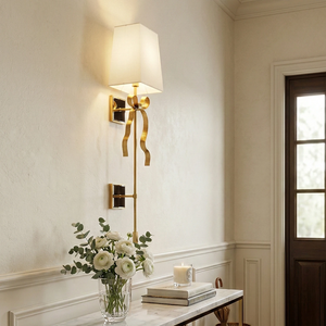 Ribbed Ribbon Bow Wall Lamp - Minimalist Sitting Room Corner Eucalyptus Vase White Shade | HoaiLamp