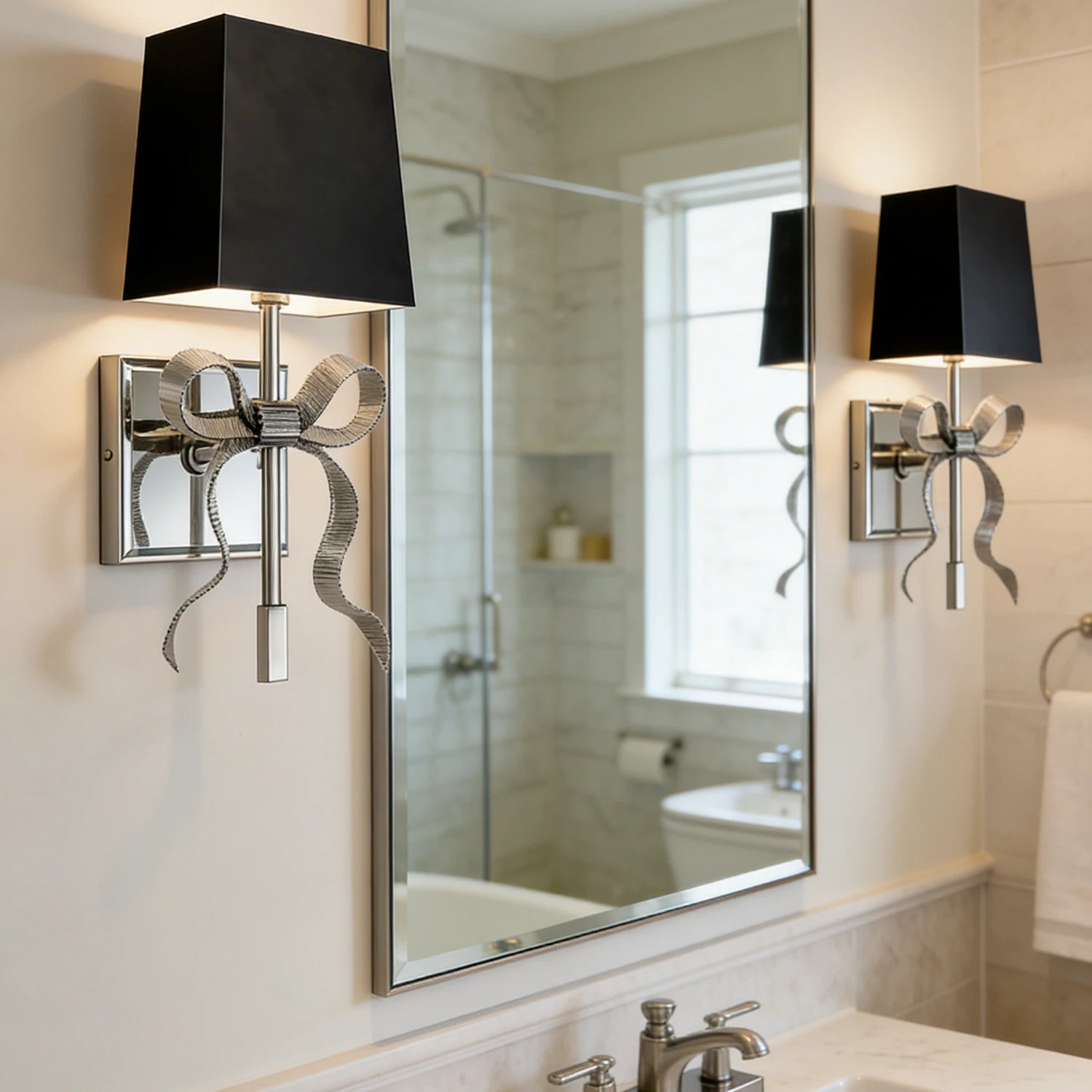Ribbed Ribbon Bow Wall Lamp - Modern Marble Bathroom Vanity Frameless Mirror Black Shade | HoaiLamp
