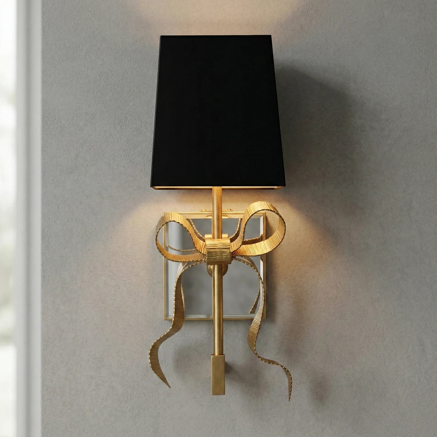 Ribbed Ribbon Bow Wall Lamp - Studio Grey Wall Lit Gold Finish Black Shade Angled | HoaiLamp