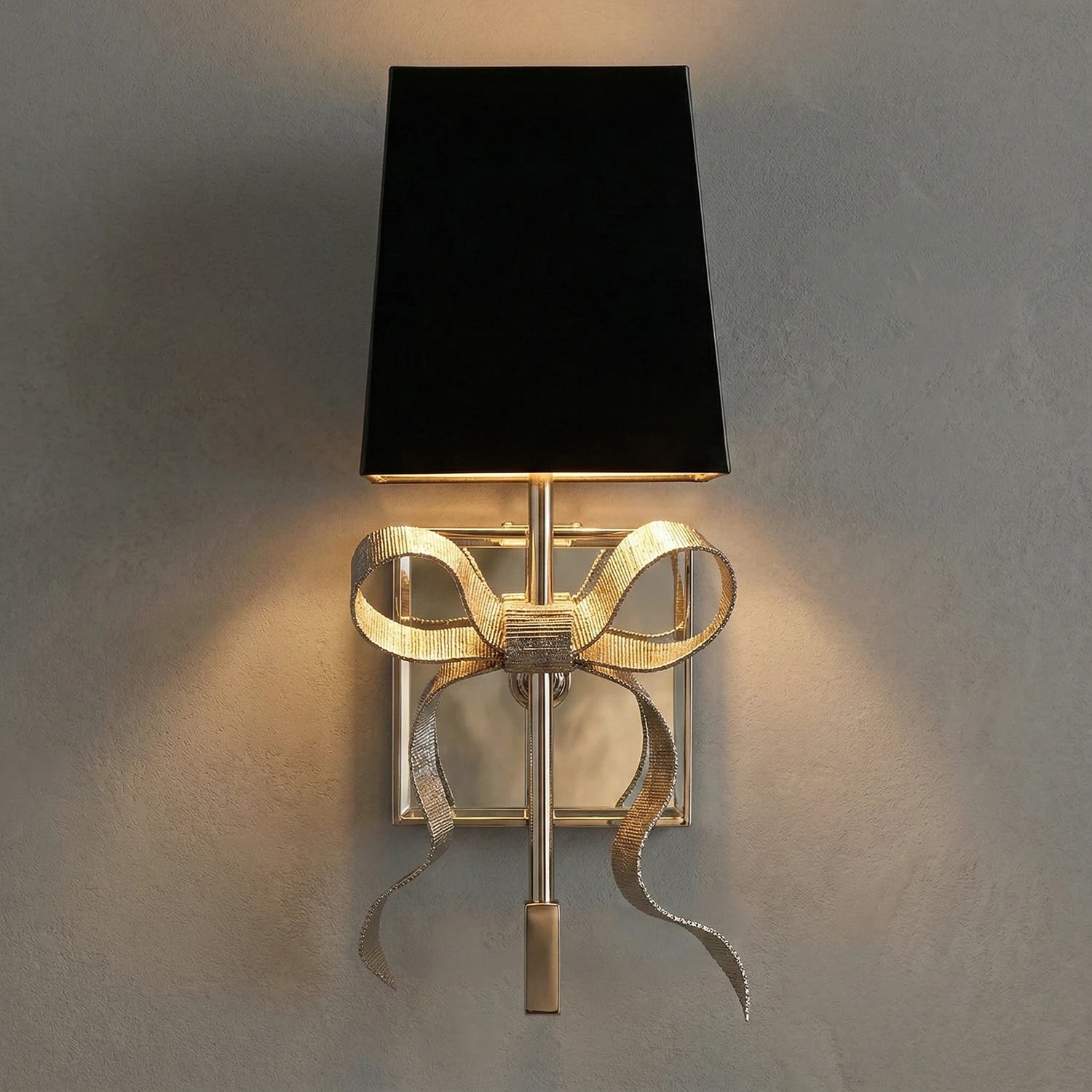 Ribbed Ribbon Bow Wall Lamp - Studio Grey Wall Lit Gold Finish Black Shade Front View | HoaiLamp