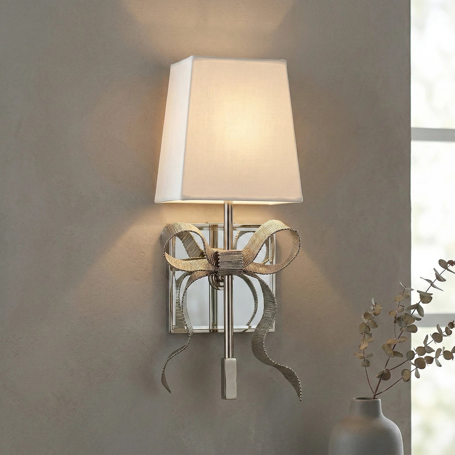 Ribbed Ribbon Bow Wall Lamp - Studio Grey Wall Lit Silver Finish White Shade Angled | HoaiLamp