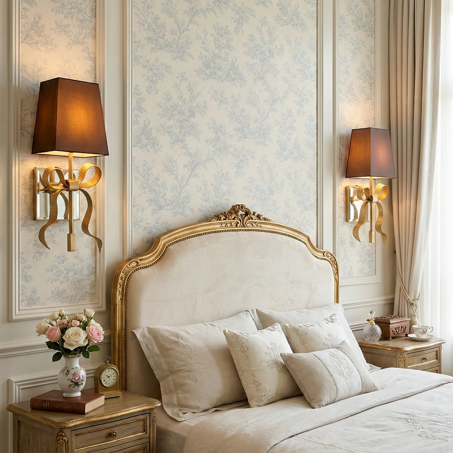 Ribbed Ribbon Bow Wall Lamp - Vintage French Bedroom Floral Wallpaper Gilt Headboard Black Shade | HoaiLamp