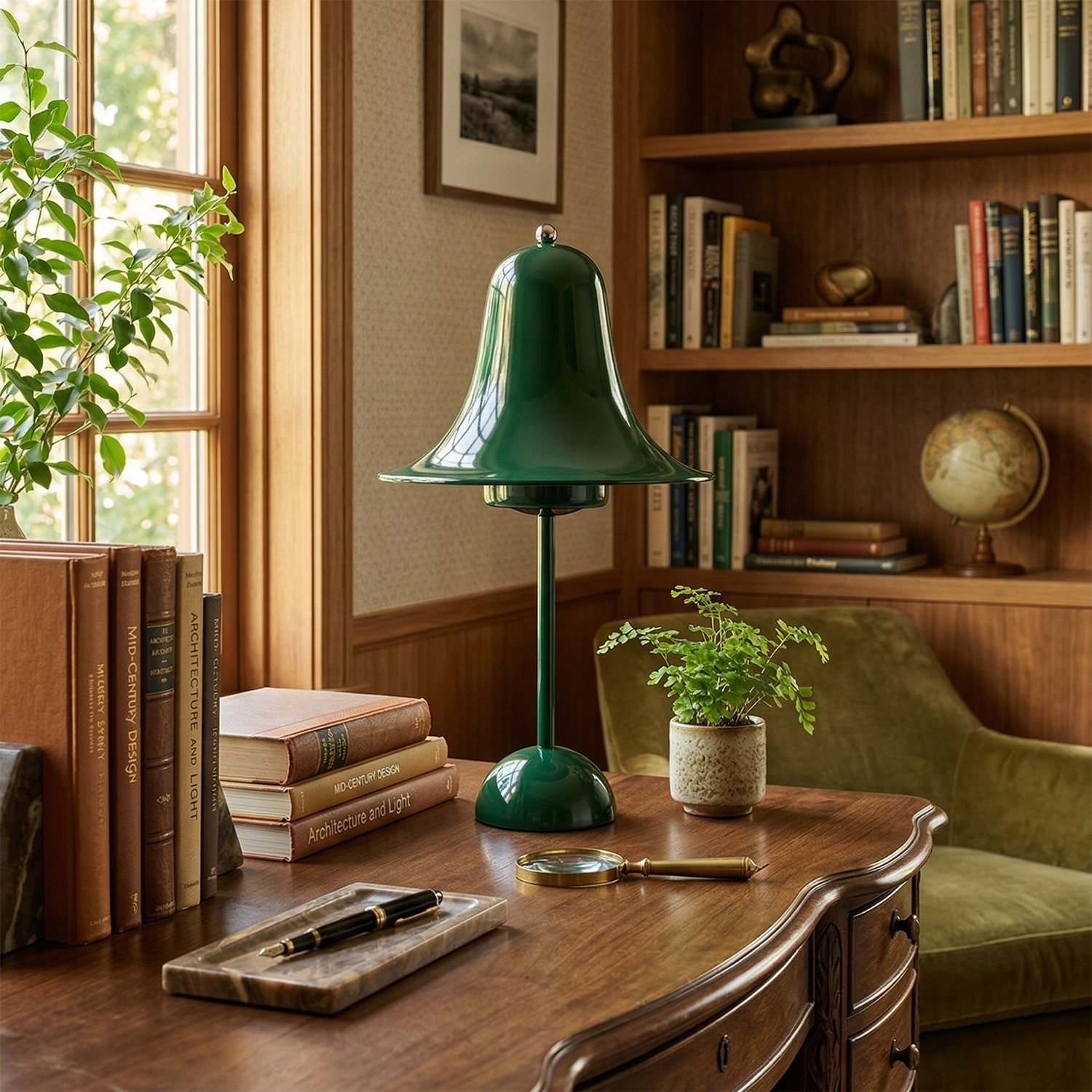 Ring Bell Table Lamp - Retro Forest Green Vintage Library Study Desk | HoaiLamp
