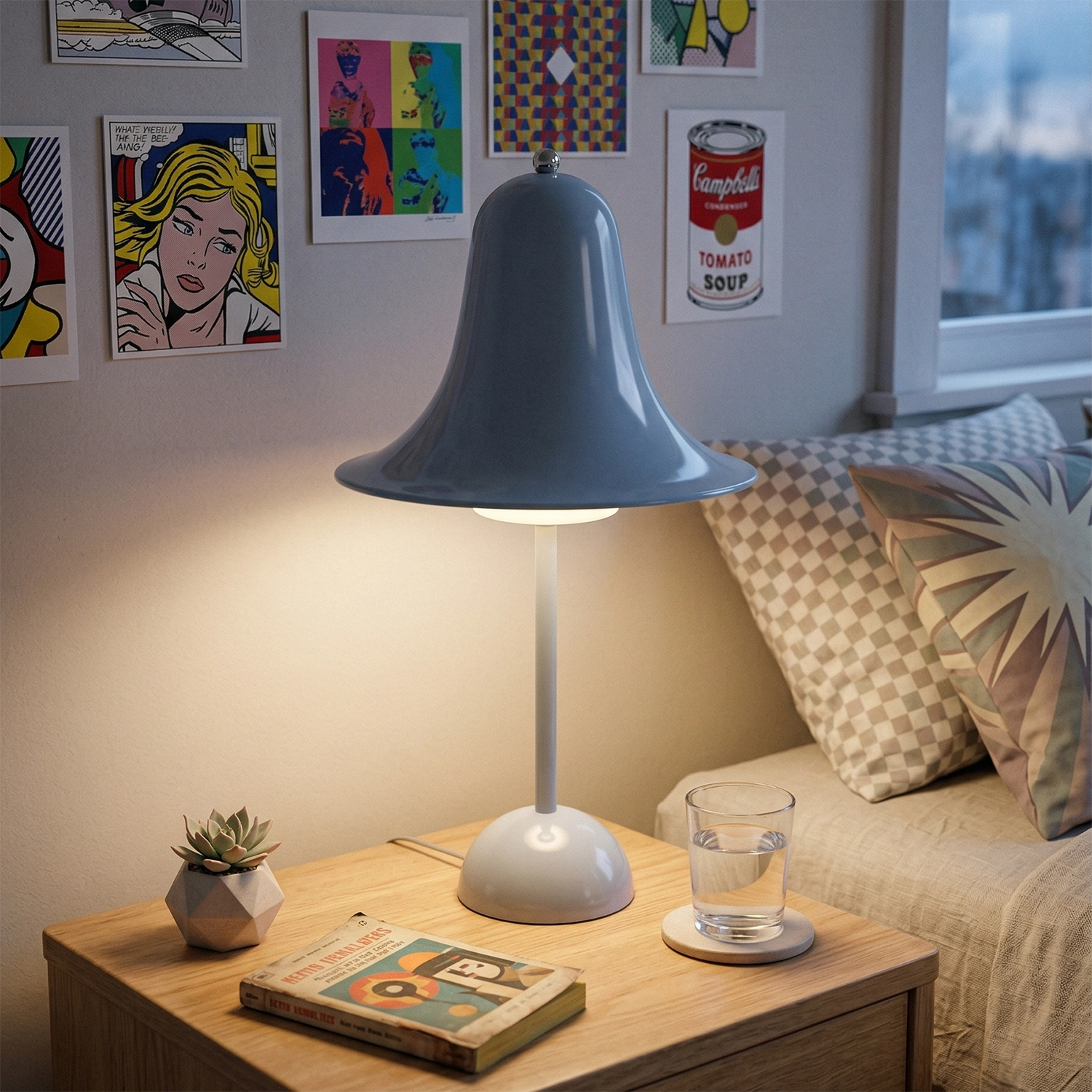 Ring Bell Table Lamp - Slate Blue Bedroom Bedside Nightstand Warm Vibe | HoaiLamp
