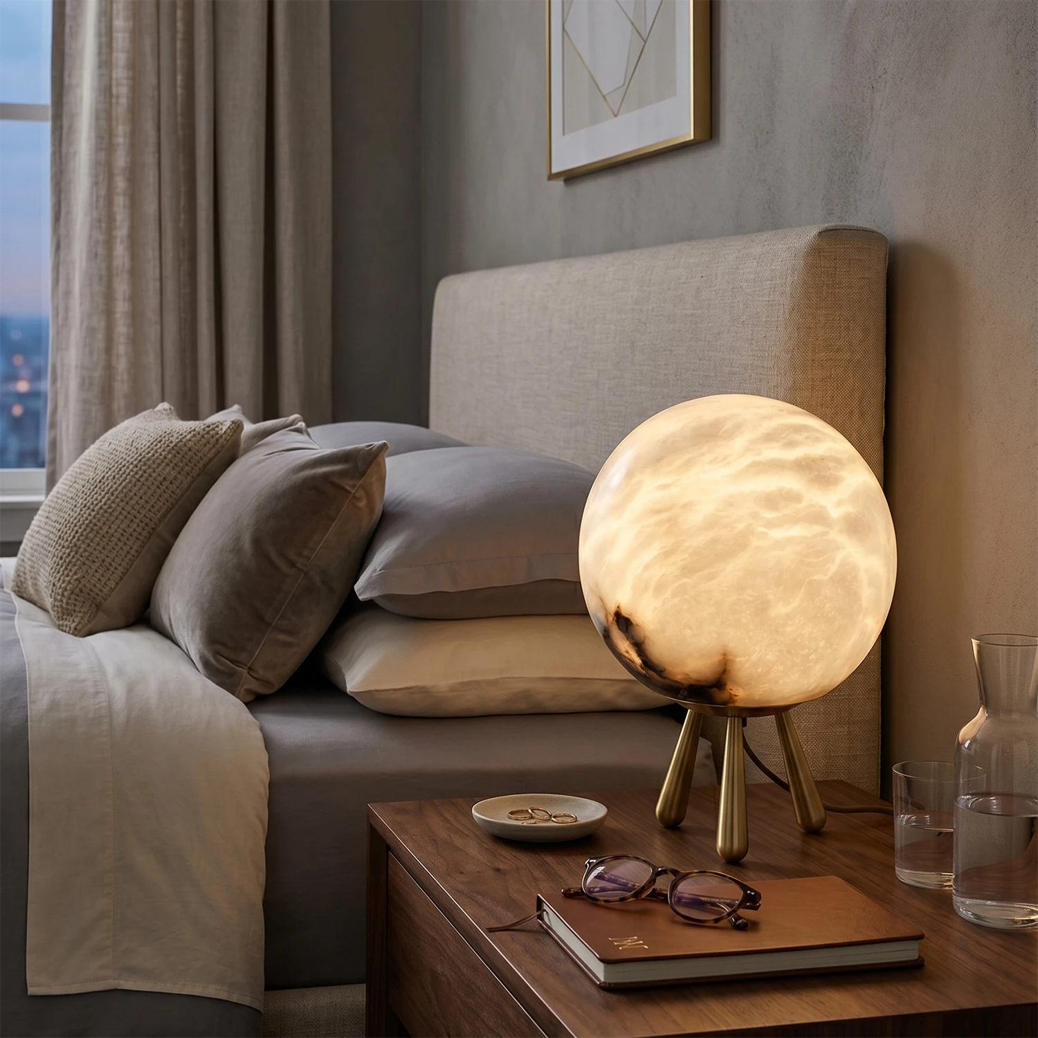 Romy Alabaster Table Lamp - Cozy Bedroom Nightstand Scene | HoaiLamp