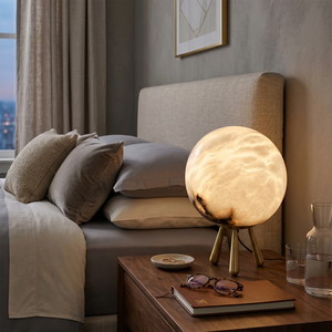 Romy Alabaster Table Lamp - Cozy Bedroom Nightstand Scene | HoaiLamp