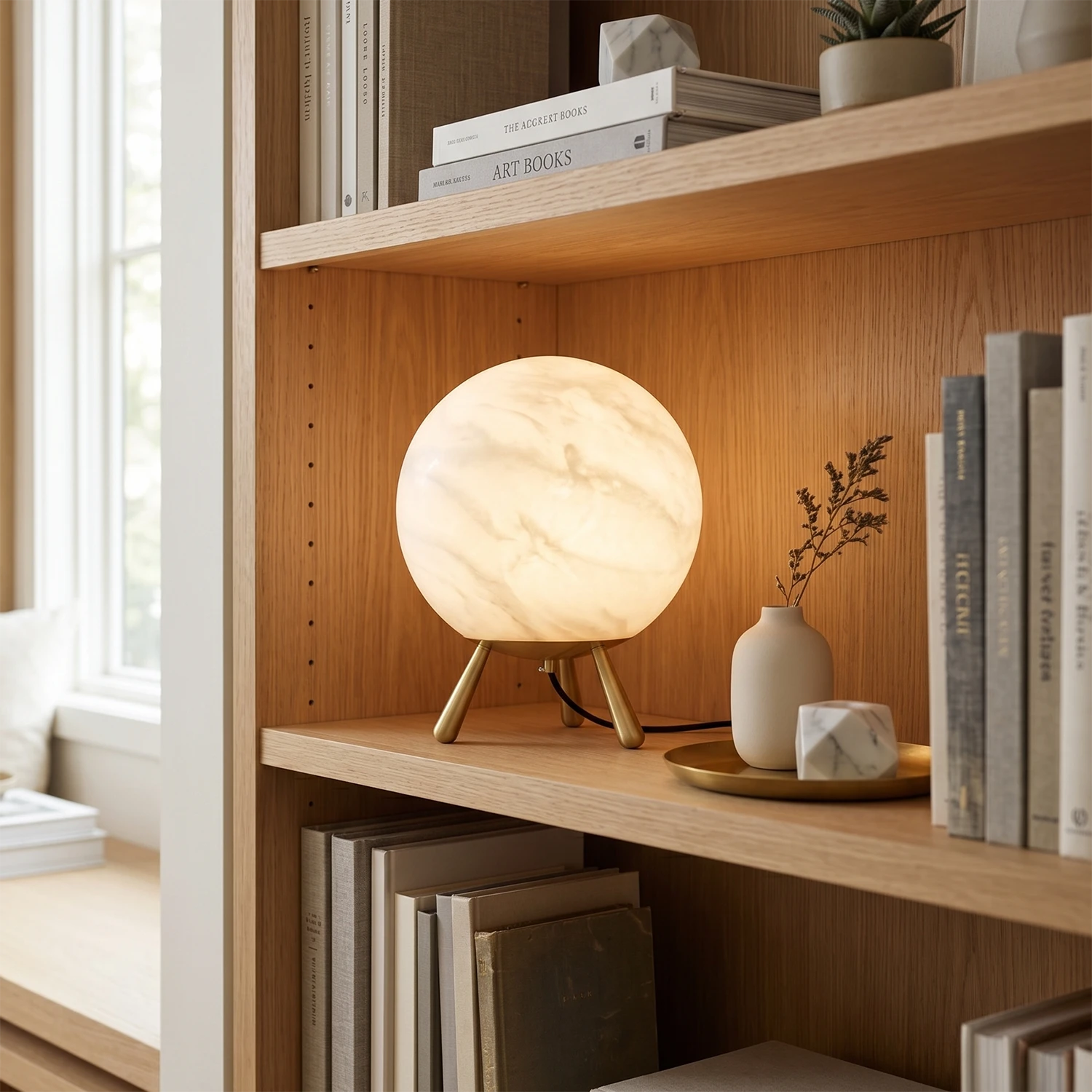 The Romy alabaster table lamp glowing on a bookshelf.