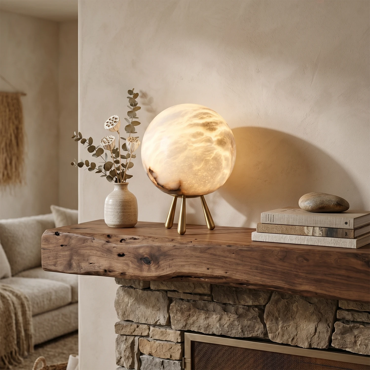 Romy Alabaster Table Lamp - Rustic Fireplace Mantel Decor | HoaiLamp