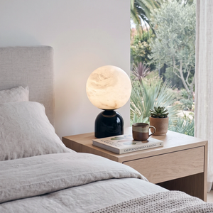 Round Alabaster Table Lamp - Cozy Bedroom Setup Light Wood Nightstand Gray Bedding | HoaiLamp
