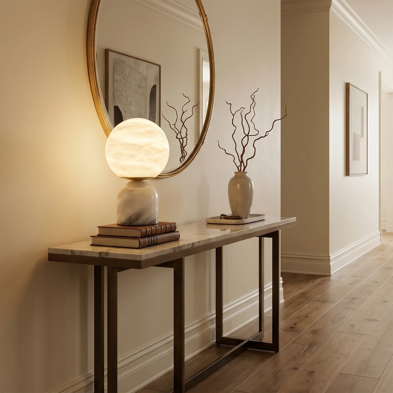 Round Alabaster Table Lamp - Elegant Foyer Entryway Console Table Large Round Wall Mirror | HoaiLamp