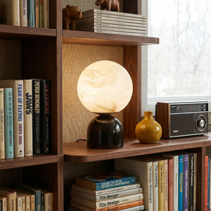 Round Alabaster Table Lamp - Home Library Wooden Bookcase Display Shelf Vintage Radio | HoaiLamp