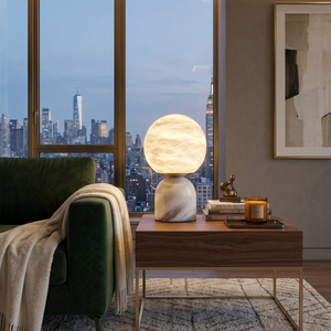 Round Alabaster Table Lamp - Luxury Penthouse Living Room Emerald Green Sofa City Skyline View | HoaiLamp