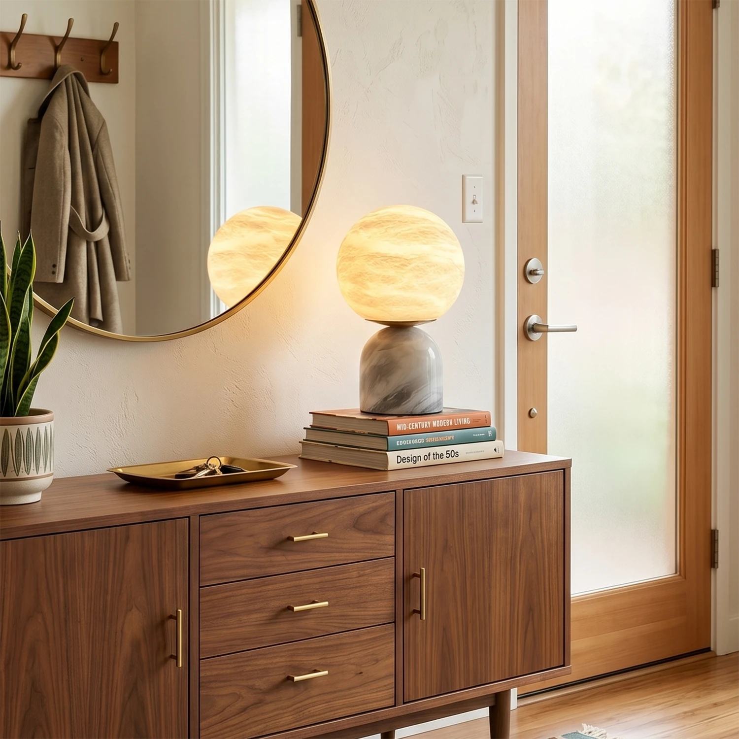 Round Alabaster Table Lamp - Mid Century Entryway Walnut Sideboard Cabinet Round Mirror | HoaiLamp