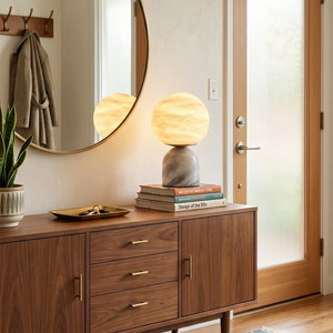 Round Alabaster Table Lamp - Mid Century Entryway Walnut Sideboard Cabinet Round Mirror | HoaiLamp
