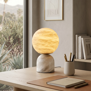 Round Alabaster Table Lamp - Home Office Desk Setup Notebook Window View | HoaiLamp